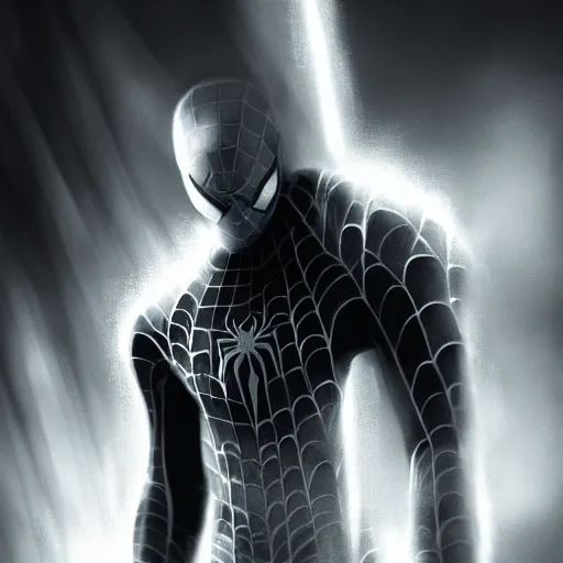 Image similar to moody atmospheric render of a white and black spiderman by leon tukker