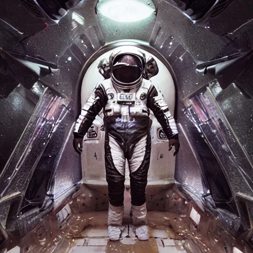 Image similar to concept art by craig mullins astronaut in futuristic dark and empty spaceship underwater. infrared complex and hyperdetailed technical suit. mandelbulb fractal. reflection and dispersion materials. rays and dispersion of light. volumetric light. 5 0 mm, f / 3 2. noise film photo. flash photography. unreal engine 4, octane render. interstellar movie art