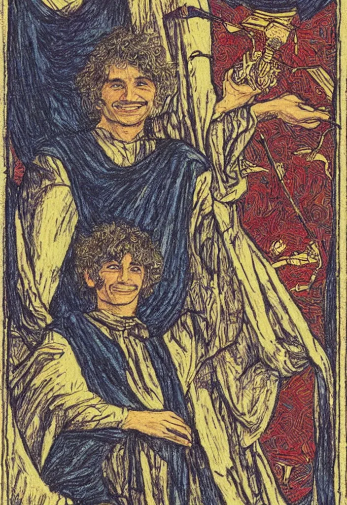 Image similar to Yoshua Bengio smiling drawn on the Tarot card. Illustration by preraphaelists.