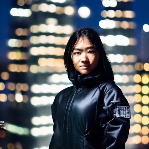 Image similar to photographic portrait of a techwear woman, closeup, on the rooftop of a futuristic city at night, sigma 8 5 mm f / 1. 4, 4 k, depth of field, high resolution, 4 k, 8 k, hd, full color