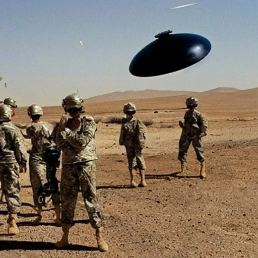 Prompt: army troops surround shiny metallic ufo flying saucer with transparent dome crashed in the desert, smoking and burning in flames