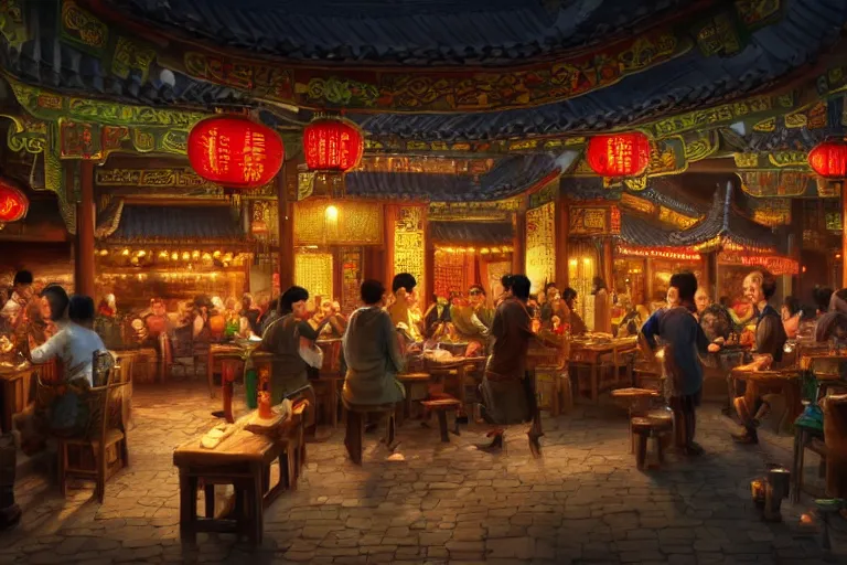 Prompt: fantasy art of a bustling tavern in china, at night, by pixar, highly detailed digital art, trending on artstation