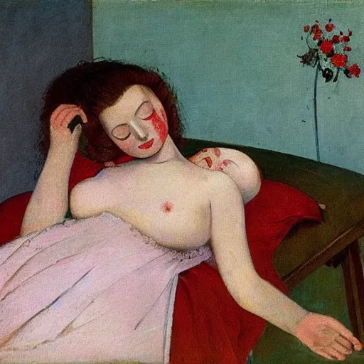 Prompt: painting by Balthus, one blond woman slaps a brunette woman, a beautiful woman sleeps, red and white flowers, mirror
