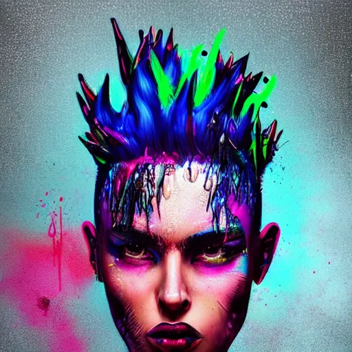 Image similar to splashes of neon, mowhawk, punk portrait made out of paint with rain in the background, trending on artstation, epic composition, emotional, beautiful, rendered in octane, highly detailed, realistic, tim burton comic book art, sharp focus, matte painting, unreal engine