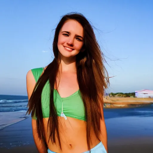 Image similar to Cute young woman, long shiny bronze brown hair, green eyes, cute freckles, soft smile, golden hour, beach setting, medium shot, mid-shot