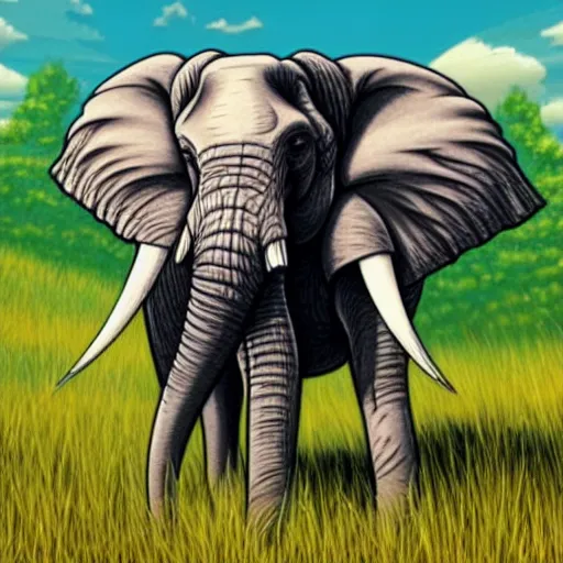 Prompt: an elephant with its two ears and its trunk in a meadow, colouring - in sheet, character art, sharp focus, highly detailed, artstation