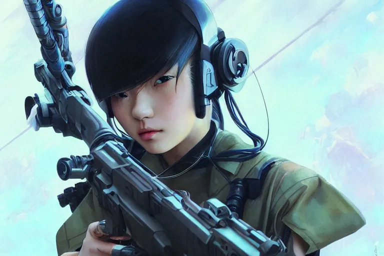 Image similar to young female japanese sniper holding a railgun sniper rifle, neon, cyberpunk, futuristic, full cybernetic combat suit, helmet visor up, stunning, highly detailed, digital painting, smooth, soft focus, illustration, ghost in the shell, 4 k digital art from artstation by artgerm and greg rutkowski and alphonse mucha