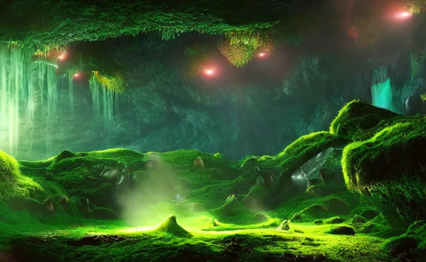 Image similar to a beautiful and stunning professional digital artwork of a humongous glowing mushroom cave, haze, waterfall, volumetric lighting, hyperrealistic, green, blue, sunset, unreal engine 5, ultra detail