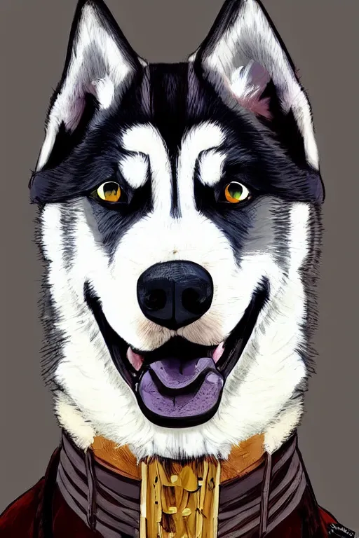 Image similar to a portrait painting of a husky in cowboy costume in the style of anime, character design, a fistful of dollars, per un pugno di dollari, treniding on artstation