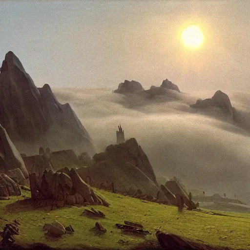 Prompt: pointy mountains with a village above the clouds, wooden platforms, tents, colors, misty clouds, sun at dawn, brutalism, painting by caspar david friedrich