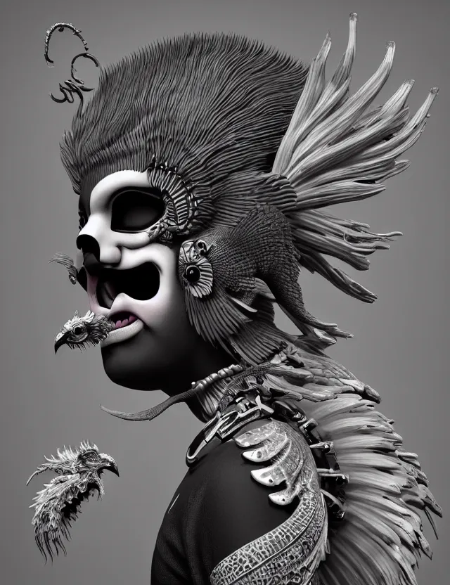 Image similar to 3 d goddess close - up profile portrait punk with mohawk with ram skull. beautiful intricately detailed japanese crow kitsune mask and clasical japanese kimono. betta fish, jellyfish phoenix, bio luminescent, plasma, ice, water, wind, creature, artwork by tooth wu and wlop and beeple and greg rutkowski