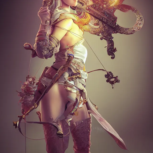 Image similar to the portrait of lawful neutral semi - colorful female archer socialite as absurdly beautiful, gorgeous, elegant, young gravure idol, an ultrafine hyperdetailed illustration by kim jung gi, irakli nadar, intricate linework, bright colors, octopath traveler, final fantasy, unreal engine 5 highly rendered, global illumination, radiant light, detailed and intricate environment