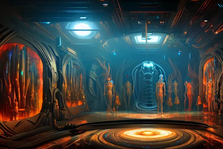 Image similar to a beautiful painting of an elaborate utopian sci - fi scene painted by hr giger and lisa frank, detailed, unreal engine, 4 k octane render, raytracing, volumetric lighting, epic, shadows,