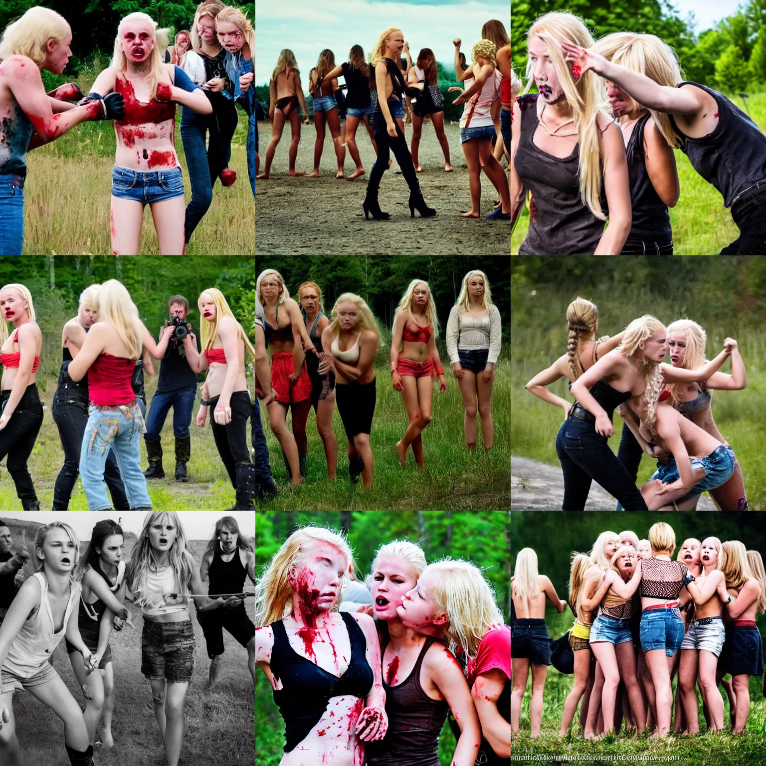 Prompt: a fight between two gangs of blonde girls, bloody, photograph, nordic summer