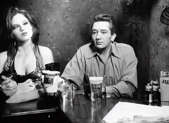 Image similar to a close - up, color cinema film still of a johnny cash talking to a beautiful hooters waitress drinking whiskey at hooters, ambient lighting at night.