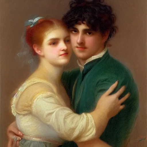 Image similar to young man in orange shirt and young woman in green dress with black hair hugging, by pierre - auguste cot