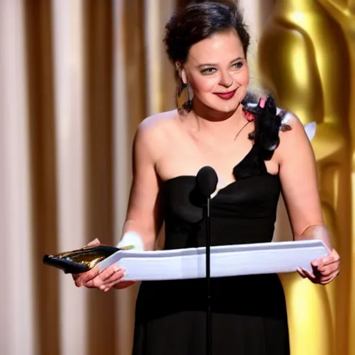 Image similar to an actress giving academy awards acceptance speech in the spotlight on the stage