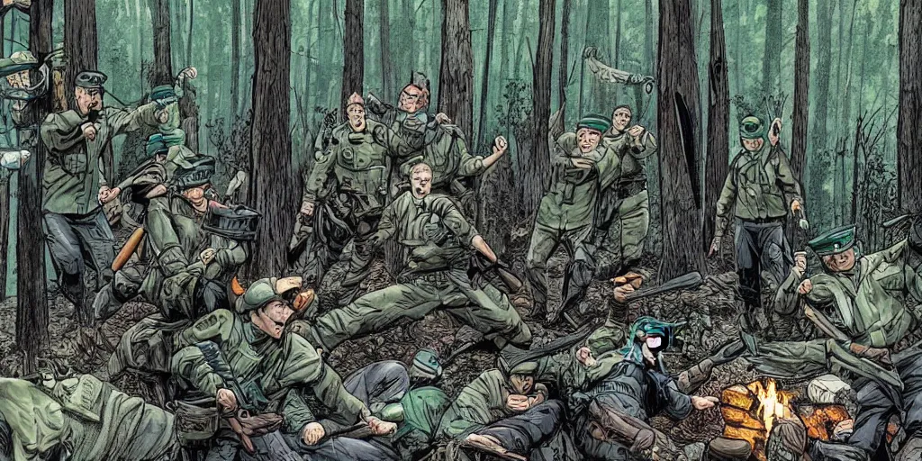 Image similar to really funny accident in finnish army, most insane scene in the forest in the style of action movie by tony scott, people laughing in the woods, campfire and tents, comicbook art by stan lee