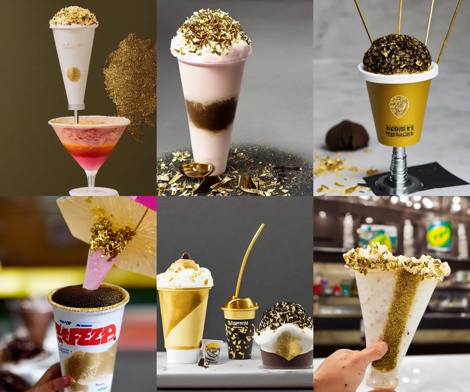 Prompt: a 7-Eleven Slurpee topped with shaved truffle and edible gold leaf