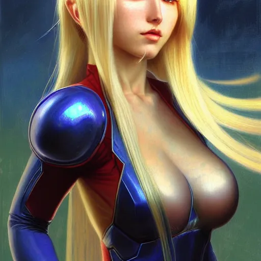 Image similar to portrait of Zero suit Samus with long blonde hair as League of Legends character, digital illustration portrait, dark fantasy, medium shot, intricate, elegant, highly detailed, digital painting, volumetric light, artstation, concept art, smooth, sharp focus, illustration, art by Donato Giancola and Gil Elvgren and Greg Manchess and Alphonse Mucha