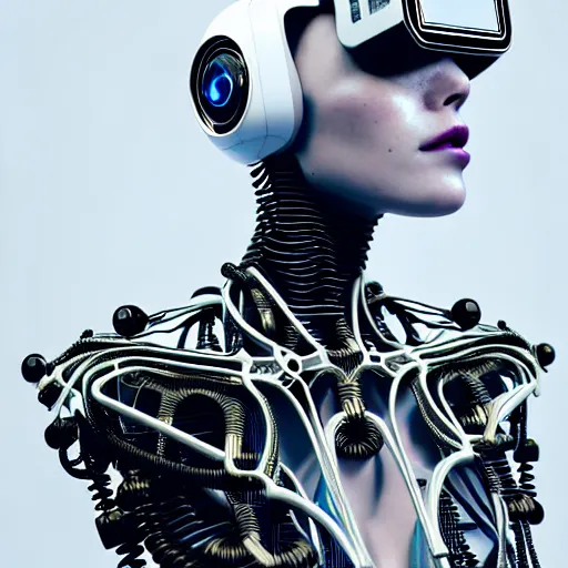 Image similar to portrait of an absurdly beautiful, graceful, sophisticated, fashionable cyberpunk mechanoid, wires, machines, skulls, digital displays, hyperdetailed illustration by irakli nadar and alexandre ferra, intricate linework, white porcelain skin, vr headset, unreal engine 5 highly rendered, global illumination, radiant light, detailed and intricate environment