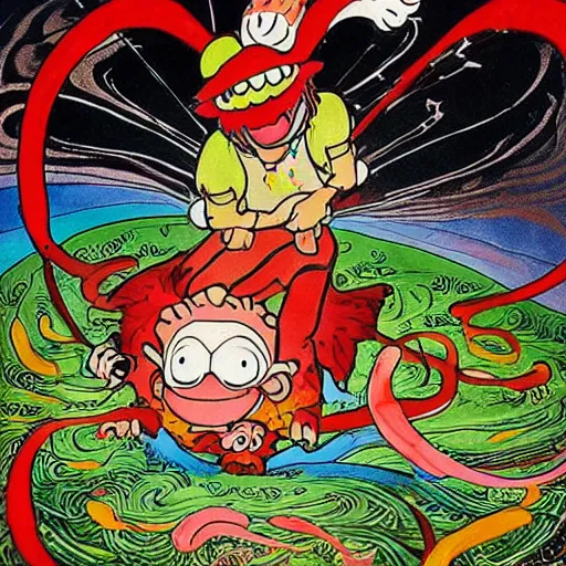 Image similar to Professional art, a stunning illustration of red goblins carrying a prisoner to a cave on a mountainside illustrated by Dr Suess and Takashi Murakami