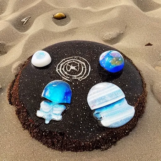 Prompt: ea glass washed up on the beach, space aliens use the earth as a topper for a birthday cake