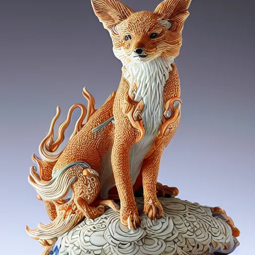 Image similar to a photo - real delicate ceramic porcelain sculpture of an ornate detailed kitsune in front of a intricate background by victo ngai and takato yamamoto, micro detail, backlit lighting, subsurface scattering, translucent, thin porcelain, octane renderer, colorful, physically based rendering, japanese pottery, trending on cgsociety