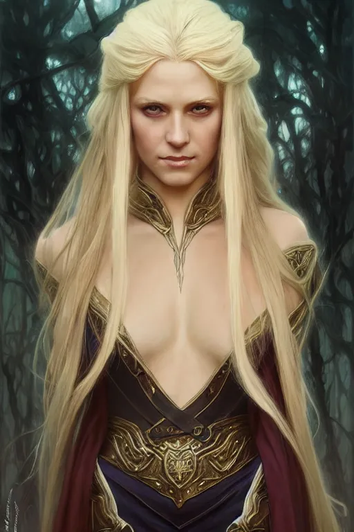 Image similar to portrait of a blonde elven mage, dark, piercing eyes, gentle expression, elegant clothing, photorealistic, highly detailed, artstation, smooth, sharp focus, art by michael whelan, artgerm, greg rutkowski and alphonse mucha