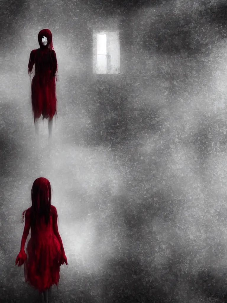 Image similar to cute drooping ectoplasmic fumo plush gothic maiden ghost apparition girl, in the lobby of a flooded abandoned hotel where it rains inside, volumetric fog, melting black and red dress, vignette, bokeh