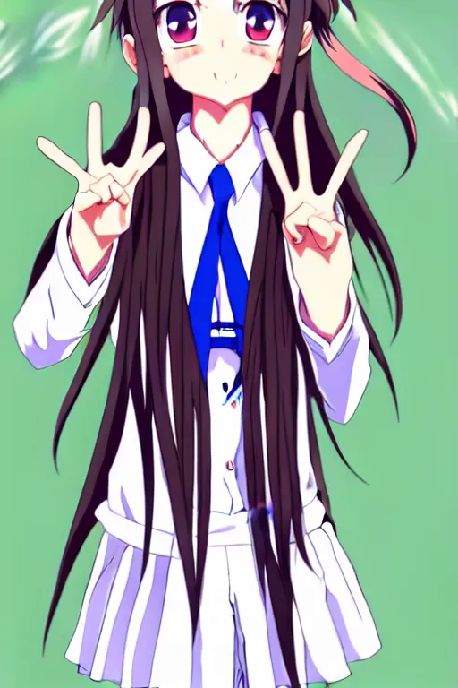 Image similar to full body anime portrait of a cute girl round eyes long hair dressed in a school uniform inside the school, peace sign, stunning, highly detailed, anatomically correct