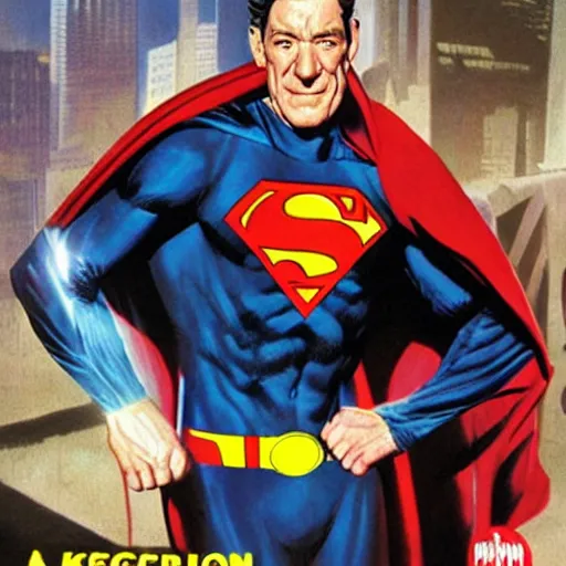 Image similar to comic book cover art, ian mckellen as superman by alex ross