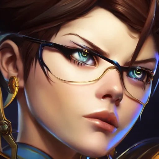 Prompt: closeup portrait of Tracer from Overwatch, D&D, fantasy, intricate, elegant, highly detailed, digital painting, artstation, concept art, matte, sharp focus, illustration, hearthstone, art by Artgerm and Gred Rutkowski and Alphonse Mucha