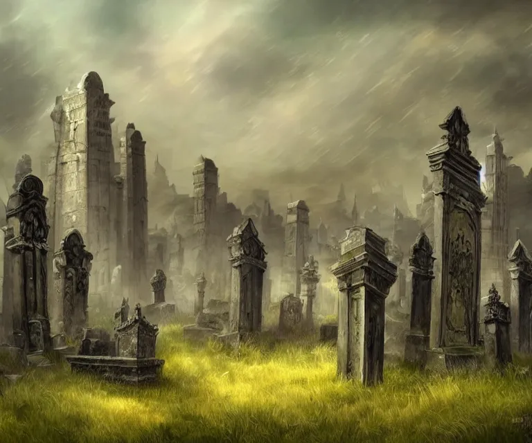 Image similar to a city of tombs and tombstones, graveyard landscape, giant grave structures, giant tomb structures, dark fantasy, digital art, fantasy art