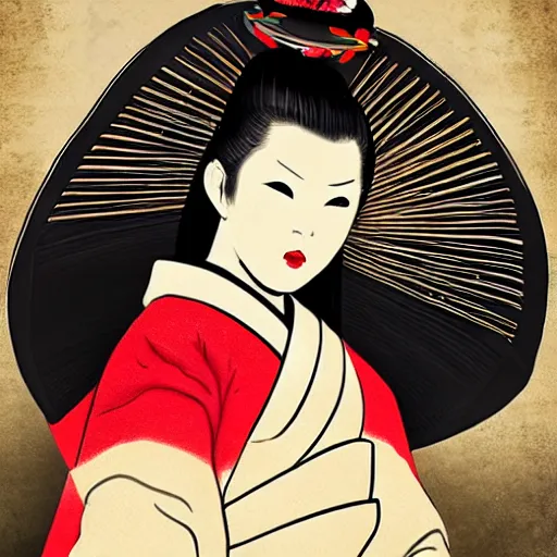 Image similar to geisha as a samurai, in battle, advertising photography