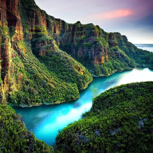 Image similar to beautiful photograph of a lush natural scene on an alien planet featured in sony world photography awards 2 0 3 0. 4 k, high definition. extremely detailed. beautiful landscape. weird vegetation. cliffs and water.
