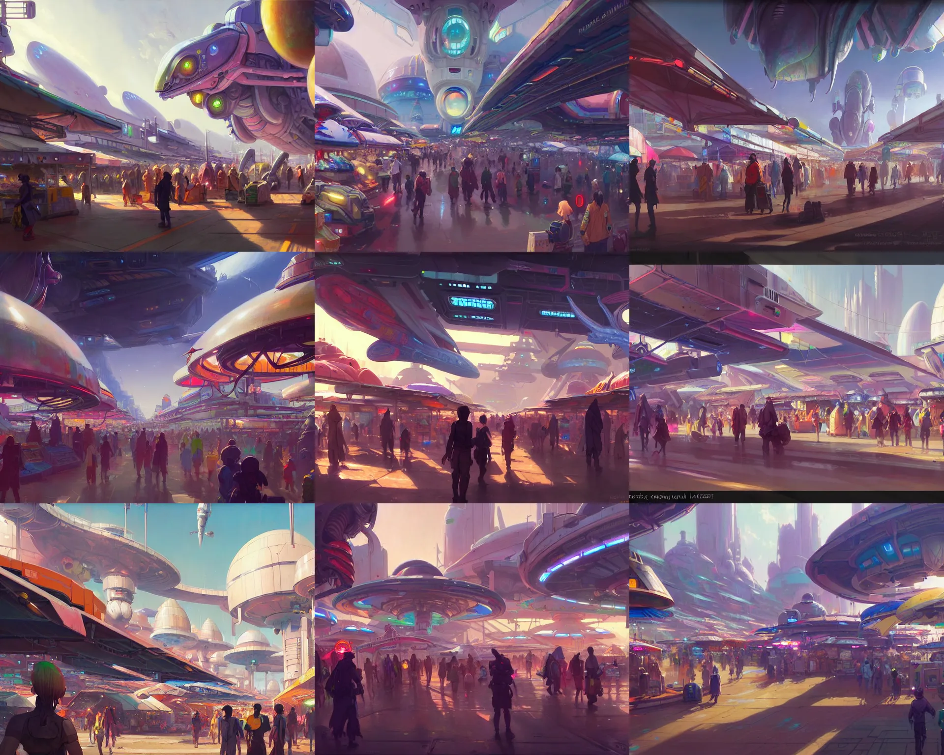 Prompt: colorful, haphazard, bustling marketplace at a spaceport, alien merchants at market stalls, anime, a sci-fi digital painting by Greg Rutkowski and James Gurney, trending on Artstation, highly detailed