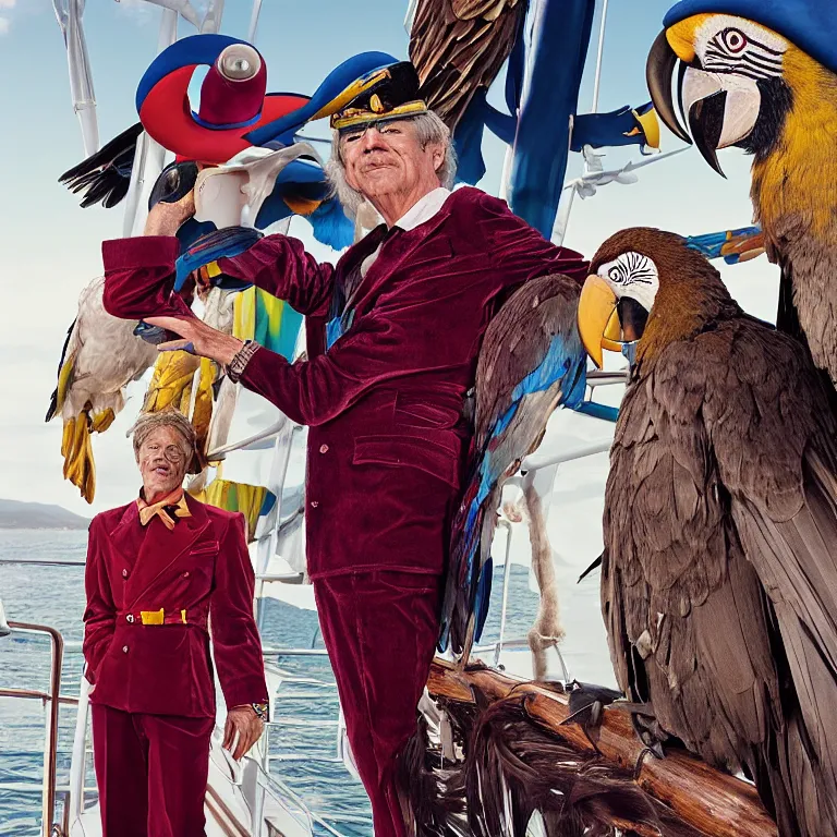 Prompt: high fashion photoshoot octane render portrait by wayne barlow and carlo crivelli and glenn fabry, a distinguished sea captain wearing a colorful eccentric velvet pastel vintage uniform and holding a macaw while standing on a beautiful high - end white and wood yacht, very short depth of field, bokeh