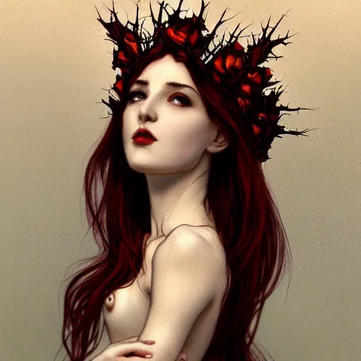 Prompt: side portrait of beautiful vampire, rose thorn crown, thorns everywhere, headshot, pale skin, 4k, rule of thirds, extreme detail, detailed drawing, trending artstation, hd, fantasy, D&D, realistic lighting, by Alphonse Mucha, Greg Rutkowski, sharp focus, backlit, bright red hair, closed eyes, realistic, head looking up