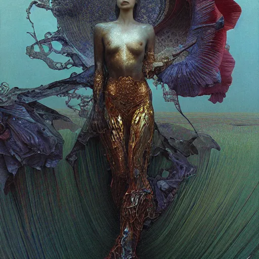 Image similar to queen of jupiter by zdzisław beksinski, iris van herpen, craig mullins and alphonse mucha. highly detailed, hyper - real, beautiful