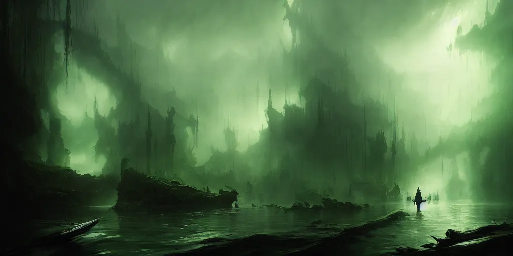 Image similar to magical subterranean river styx, a man in a cape on a boat with a sword, ethereal swirling green mist, dramatic lighting, magical atmosphere,, gothic illustration, greg rutkowski, andreas rocha, ashley wood, soft edges, low detail, trending on artstation