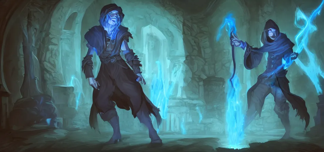 Image similar to 'stylized D&D wizard character, handsome young necromancer casting a spell to reanimate a corpse inside a dungeon chamber with eerie blue lighting'