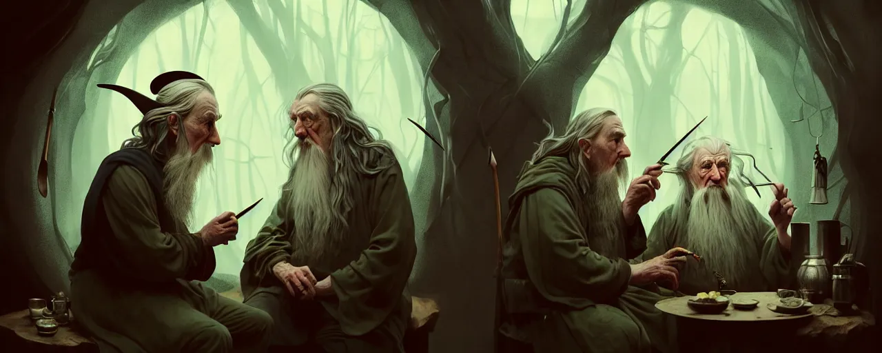 Prompt: duotone illustration 3 / 4 portrait of 2 people : jrr tolkien and wizard gandalf in hobbit house smoking pipe rustical style. cinematic volumentric lighting. accidental renaissance. by sachin teng and sergey kolesov and ruan jia and heng z. graffiti art, scifi, fantasy, hyper detailed. octane render. concept art. trending on artstation