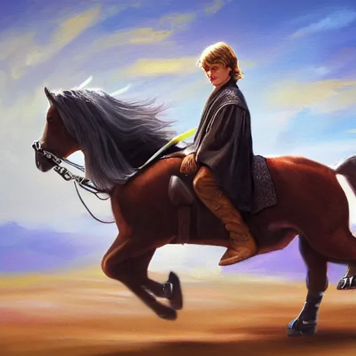 Image similar to anakin skywalker riding a pony, cinematic painting