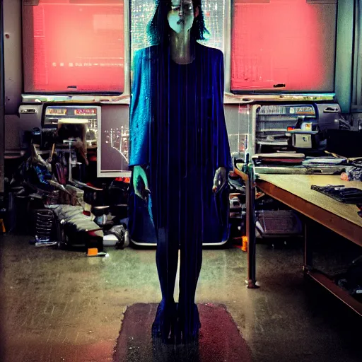 Image similar to portrait photography of rachael tyrell at tyrell headquarters by annie leibovitz, cyberpunk, colorful!, nighttime!, raining!