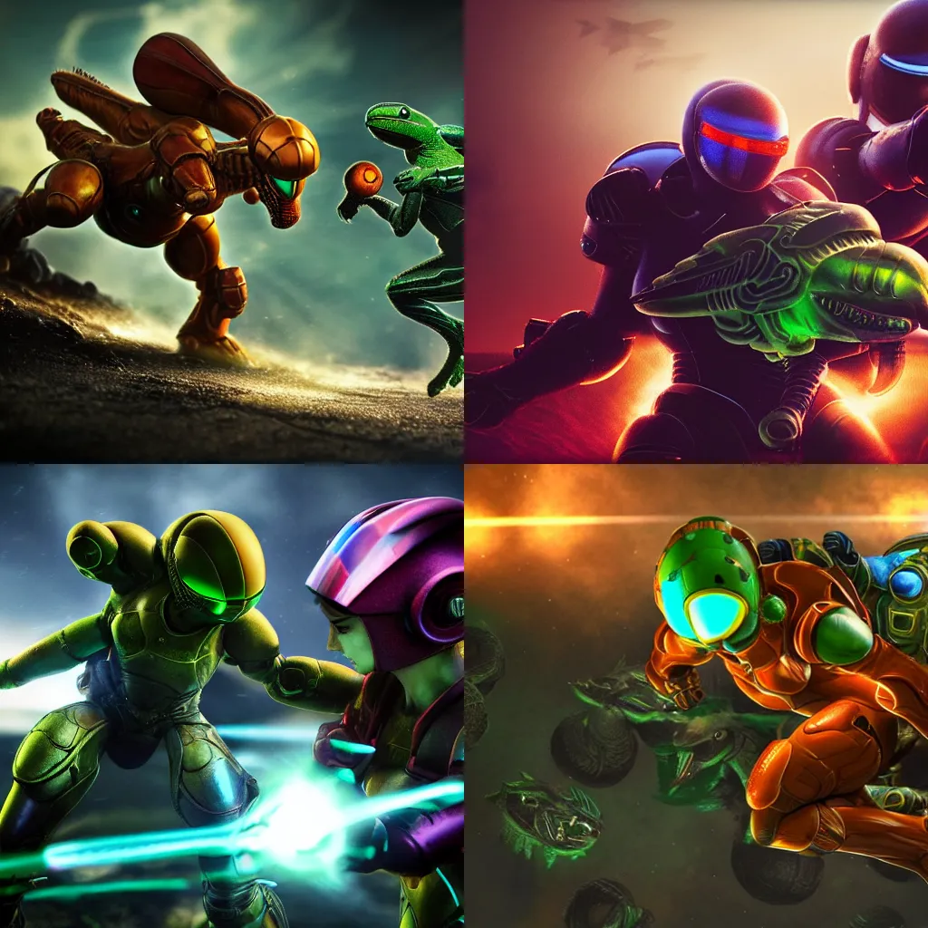 Prompt: Samus Aran in full armor and Yoshi raptor going to battle, intricate, highly detailed, beautiful lighting, light fog, 8k