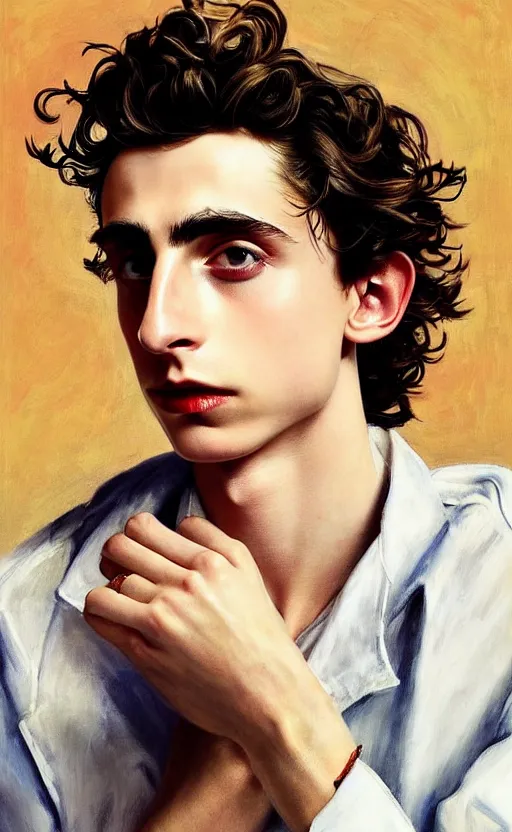 Image similar to Timothee Chalamet, the most beautiful androgynous man in the world, intense painting, sunny day at beach, tropical island, +++ super supper supper dynamic pose,  digital art, j.c. leyendecker