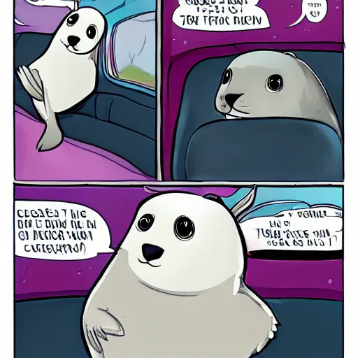 Prompt: portrait of a smug baby harp seal riding in the back of a limo, medium shot, highly coherent, saga comic, fiona staples