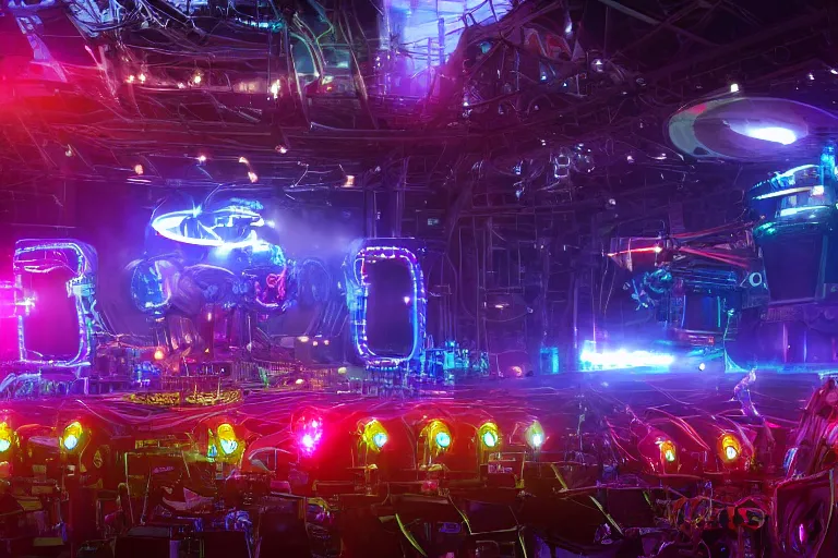 Prompt: a concert stage, big glowing letters over the stage tripmachine, center of the stage is a big futuristic steampunk generator surrounded by huge steampunk robots, rock musicians on the stage, laser show, 8 k, fluorescent colors, halluzinogenic, multicolored, exaggerated detailed, unreal engine