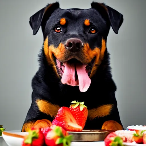 Image similar to a high - quality photo of a cute rottweiler with a half - eaten strawberry cake, 4 5 mm, f 3. 5, sharpened, iso 2 0 0, raw,